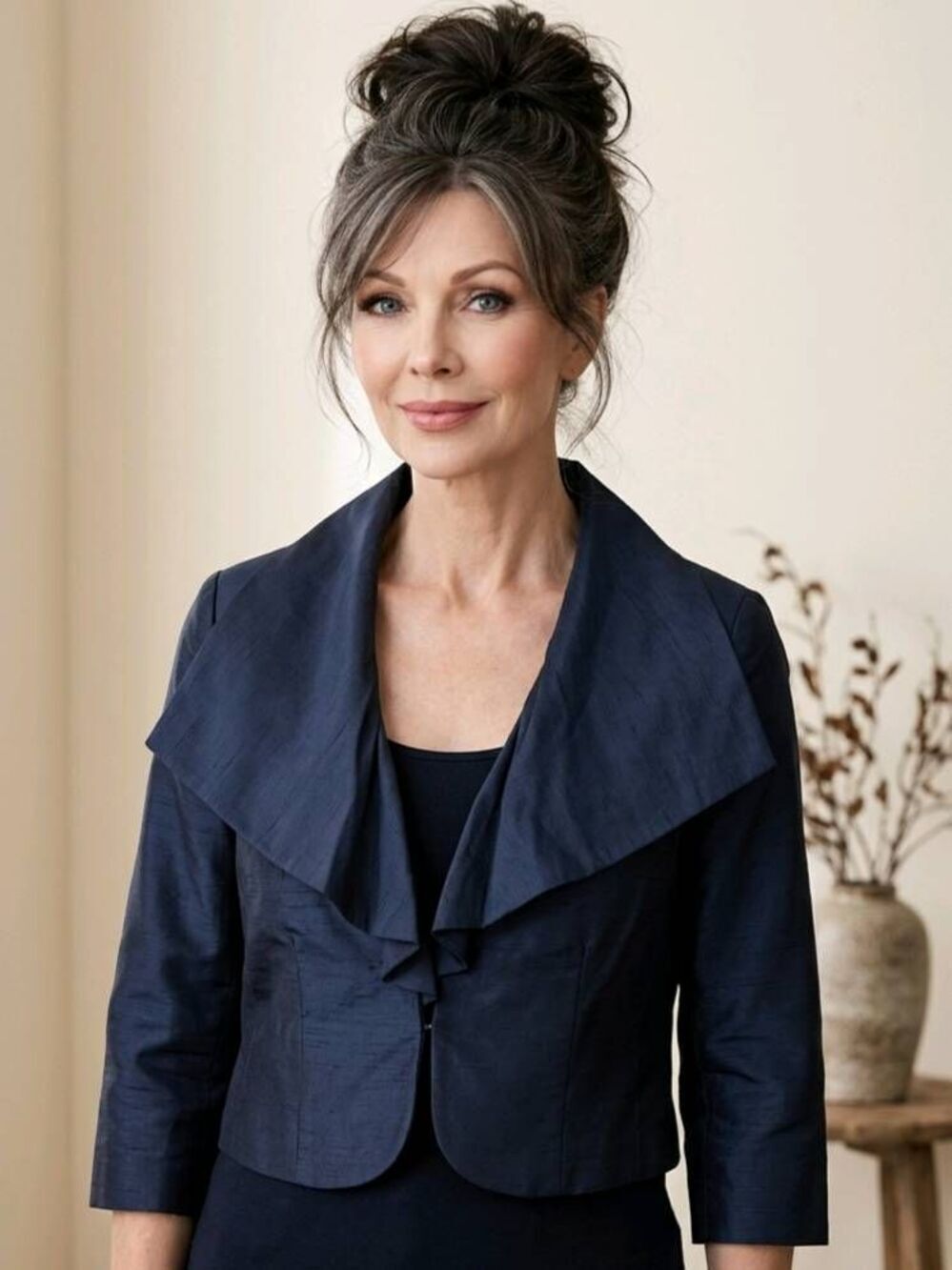🔹️Tahari Dark Blue Open Ruffled Front Cropped Shrug Blazer Jacket Size 6